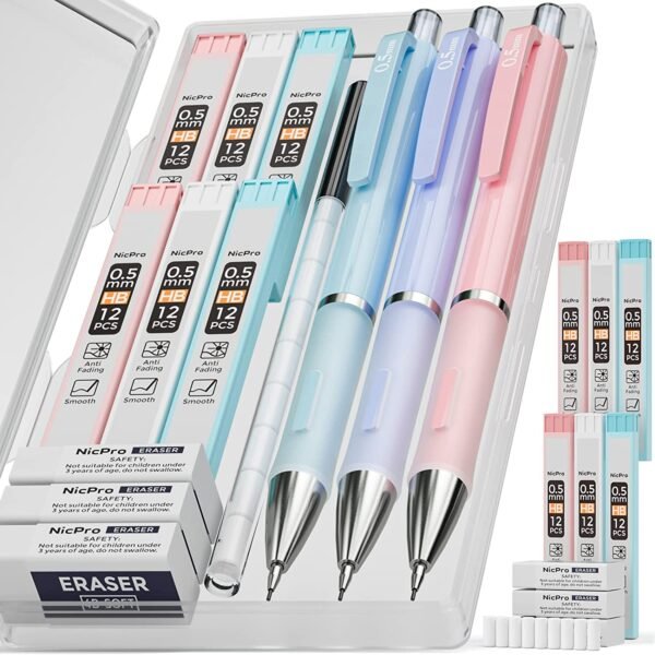 Pastel Mechanical Pencils with 6 tubes HB Lead, Refills and Erasers