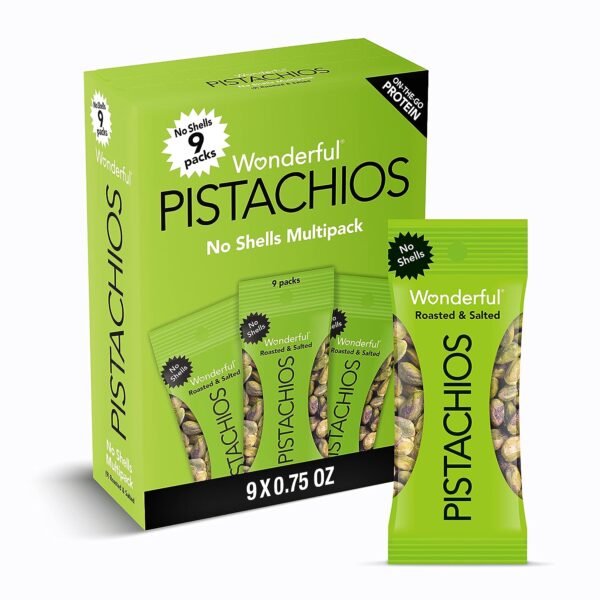 Wonderful Pistachios No Shells, Roasted & Salted Nuts, 0.75 Ounce Bags (Pack of 9), On-the-go, Individually Wrapped Snack