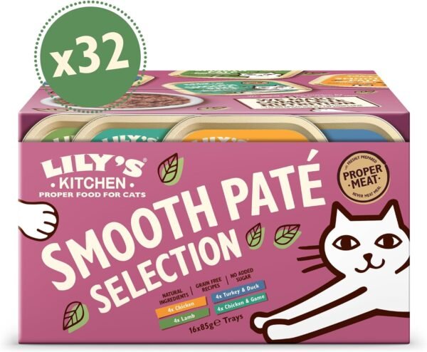 Lily's Kitchen Natural Adult Wet Smooth Paté Cat Food Trays Grain-Free Recipes Mixed Pack 32 x 85g
